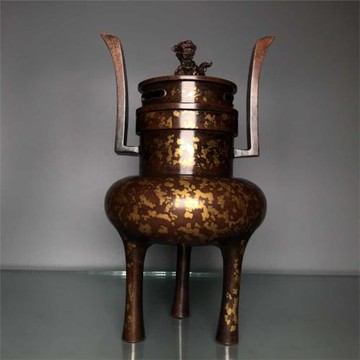 老件紫銅灑金宣德款高25*15公分3.6公斤如意幣耳三高腳香爐擺件