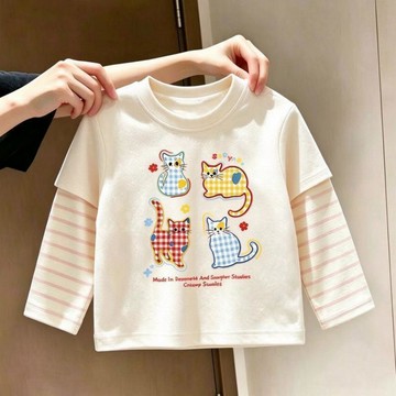 兒童長袖上衣 女童上衣 男童上衣 保暖上衣秋季新款兒童百搭長袖T恤女童洋氣假兩件打底衫寶寶可愛卡通上衣t童裝