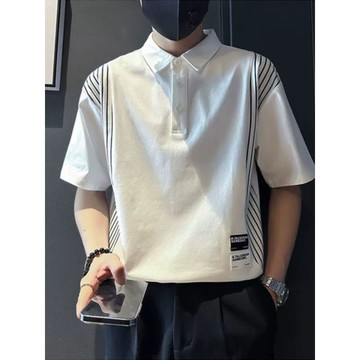 台灣现貨  型男短袖 修身短袖 設計感拼接短袖polo衫 男潮牌短袖 夏季條紋翻領半袖t恤男裝體恤上衣服 時尚感短袖