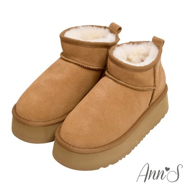 Ann’S雪國我來了!防潑水鍍膜真皮真羊毛素面短筒增高厚底雪靴5cm-棕(版型偏小)