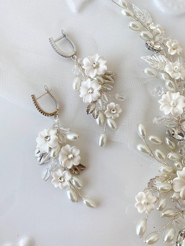 白金花婚禮耳環, 長波希米亞新娘耳環 ,新娘象牙珍珠耳環