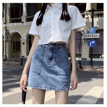 現貨賣完為止 ⓇⒺⓃⒶ｜韓版雙口袋造型牛仔短裙_春季/短裙/彈性/顯瘦/修身/遮胯【R21466】