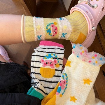 🐑限時特惠🐑女童襪子春夏薄款網眼中筒襪女孩中大童卡通ins潮襪日系學生襪