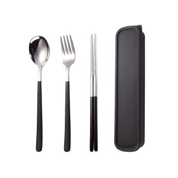 歐風便攜餐具 筷叉勺三件組 D064  黑銀  1組  收納袋1個 + 收納盒1個 + 筷子1雙 + 餐叉1支 + 湯匙1支