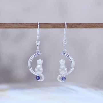 月亮與貓咪銀製耳夾 / 耳飾 (堇青石) / 925 純銀
