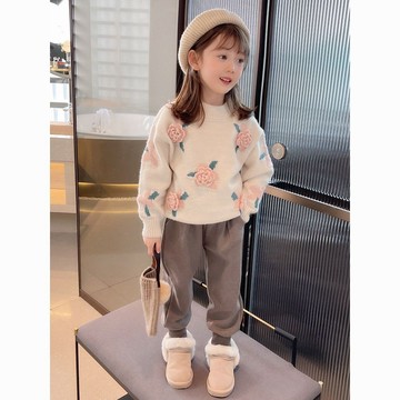 ARY 女童毛衣 兒童秋冬針織上衣 寶寶保暖上衣女童毛衣套頭2024新款秋冬韓版洋氣花朵小女孩冬裝上衣兒童針織衫