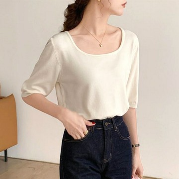 純色百搭方領寬鬆針織短袖T恤(預購)vic005280