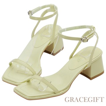 【Grace Gift】方頭一字繫帶中跟涼鞋  黃
