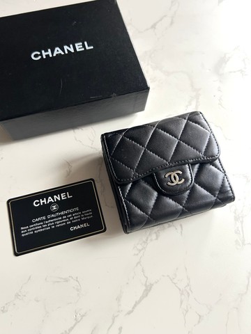 中古Chanel雙面黑銀色小羊皮革短夾 皮夾 錢包 中夾 二手古董包