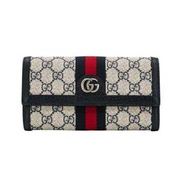 二手品 Gucci 古馳 Ophidia GG 印花帆布藍紅藍織帶釦式長夾(523153-藍)