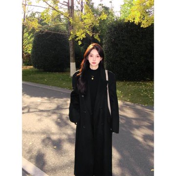 黑色呢子大衣女2024年秋冬季新款毛呢外套小個子韓系中長款赫本風