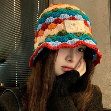 多巴胺菱格針織彩虹漁夫帽女秋冬季百搭顯臉小毛線盆帽韓版水桶帽