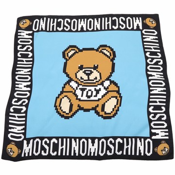 MOSCHINO 馬賽克泰迪熊字母印花藍色真絲方巾