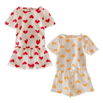 透氣皺皺棉紗滿印愛心短袖上衣+鬆緊褲頭短褲 短袖套裝 居家服 女童 小童 中童 童裝 【BB7993】