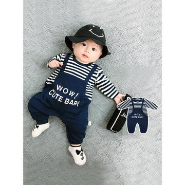 嬰兒連體衣春秋款純棉哈衣新生長袖爬服男寶寶背帶假兩件休閑衣服