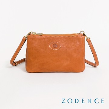 ZODENCE HAN義大利植鞣革雙拉鍊三層斜背包-經典駝