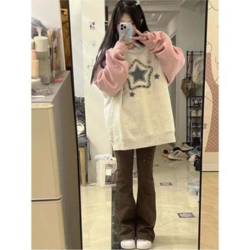 2024冬新款粉色插灰白復古插肩圓領加絨衛衣女韓版寬松長袖小個子