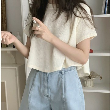韓風chic不規則T恤女   寬鬆短袖T恤衫女   小清新短款上衣女   純棉舒適透氣   夏季新款WH