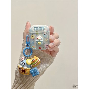 啟乾 漸變藍色立體m豆掛件Airpods4/3耳機保護殼套2pro二三代新款適用蘋果無線藍牙透明硅膠軟殼少女可愛卡通