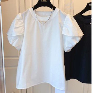 法式圓領鏤空花苞袖短袖襯衫上衣T恤女寬松休閑棉布2025夏季