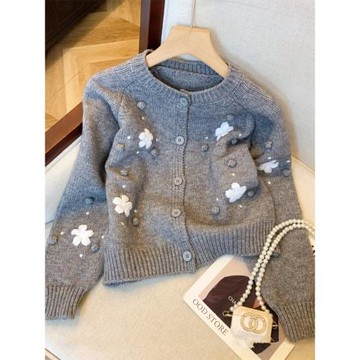 小香風花朵刺繡毛衣開衫女春秋款軟糯羊毛針織衫慵懶松弛感短外套