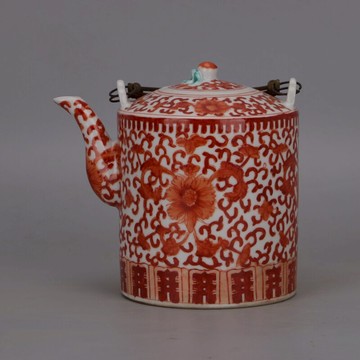 清同治年梵紅手繪提梁壺 仿古舊貨瓷器古玩古董裝飾家居收藏擺件