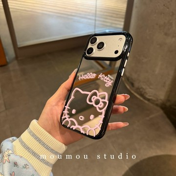 ins小清新 個性簡約 補妝鏡 粉線條 KT貓 iPhone 18 17 16 15 14 13 Pro max 手機殼