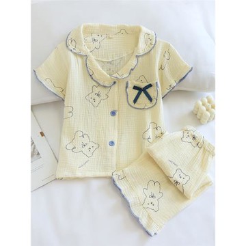 兒童夏季薄透氣泡泡棉短袖7分褲碎花純棉紗布睡衣女童可愛家居服