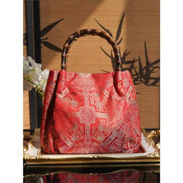 八達暈紅色 宋錦女士真絲竹節國風手拎新中式婚禮慶送媽媽禮物包