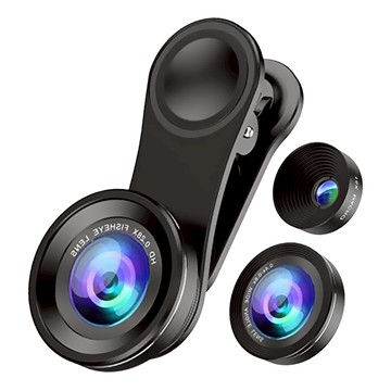 AHOYE 3in1 外接手機鏡頭 微距 + 廣角 + 魚眼 iPhone/Android適用  黑色  1個
