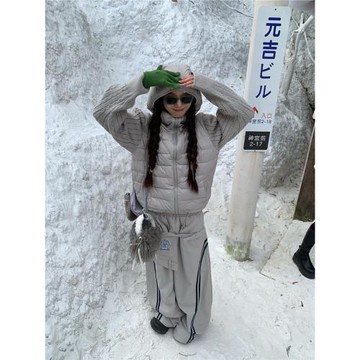 198布丁 美式連帽拼接針織羽絨服男女冬季設計高級感休閑百搭外套