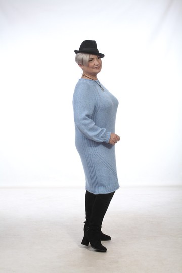 束腰連衣裙手工編織藍色羊毛+棉