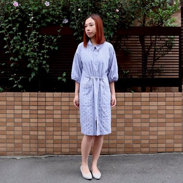 女裝藍色白條子  中袖襯衫 連衣裙 連身裙 洋裝