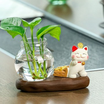 臺灣/✨花盆招財貓辦公室水養花瓶綠蘿水培器皿客廳桌面擺件玄關插花裝飾品