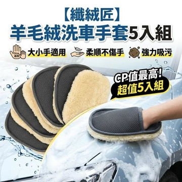 【纖絨匠】羊毛絨洗車手套5入組 大小手適用不傷手強力吸污