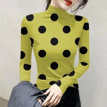 半高領長袖t恤女士秋冬季修身顯瘦時尚德絨保暖打底小衫波點上衣