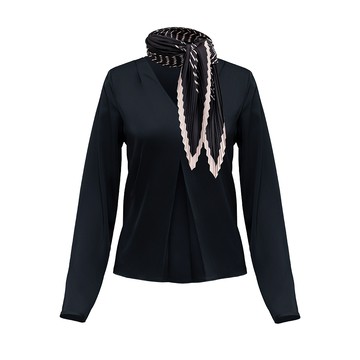 易搭配緞面百褶領巾長袖休閒上衣/黑色 | 5624101199