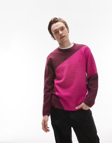 Topman knitted jumper with abstract placement in pink-Grey