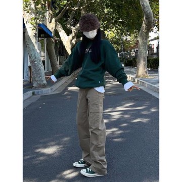 卡其美式直筒窄版高腰工裝褲女秋冬2026小個子顯瘦加絨休閑直筒褲