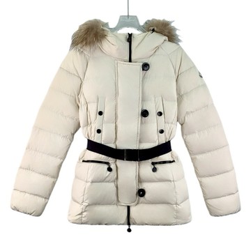 (M) moncler質感羽絨連帽毛領白色綁帶外套