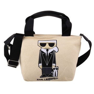 KARL LAGERFELD 膠印西裝老佛爺帆布手提/斜背兩用包(米)小