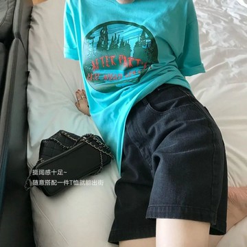 牛仔短褲 女夏季大碼胖mm韓版寬鬆高腰顯瘦百搭黑色直筒闊腿熱褲 夏季黑色牛仔短袖 女裝短袖牛仔五分褲 H