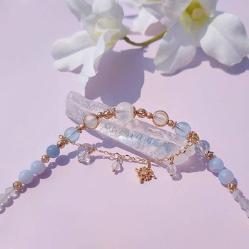 晴空塔。白幽靈 藍紋瑪瑙 海水藍寶 14K包金 水晶礦石設計手鍊