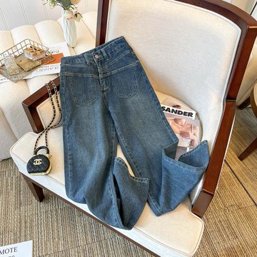 廣州十三行爆款清倉撿漏~高腰顯瘦小個子窄版闊腿牛仔長褲女春秋