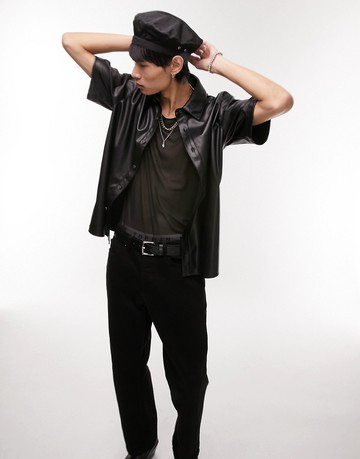 Topman short sleeve relaxed faux leather shirt in black
