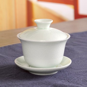 汝窯三才蓋碗大茶杯功夫茶具陶瓷泡茶碗手抓壺玉青釉鑲銀白瓷家用