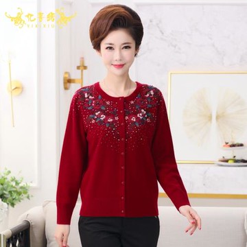 億喜繡高端冬裝新款繡花釘珠媽媽裝寬松套頭毛衣女式100%純羊毛衫