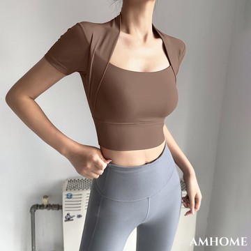 【Amhome】裸感運動短袖性感瑜伽帶胸墊休閒T恤跑步健身速乾短版上衣# 122284(現貨+預購)