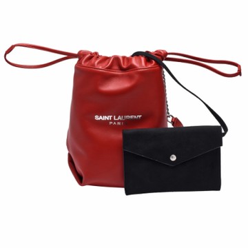 YSL 經典TEDDY系列品牌LOGO小羊皮束口手提/斜背水桶包(紅)