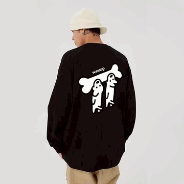 XS~XL 長袖  純棉 長T 情侶T【YL1401-45】前後圖-兩隻狗咬骨頭 台灣製 情侶裝 長袖T恤 男女可穿